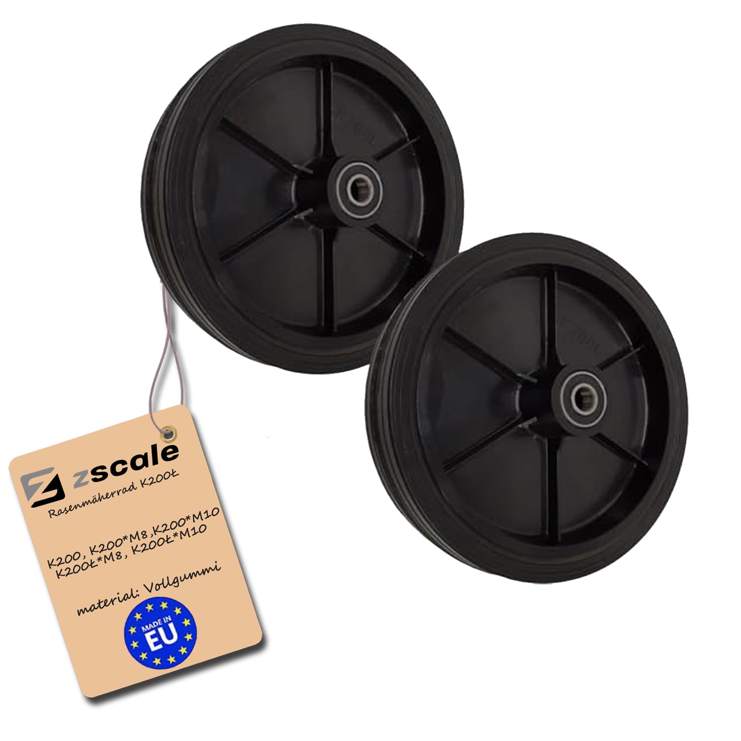 Rasenmäherrad Ø200 mm – schwarzes Ersatzrad aus Vollgummi, robustes Kunststoffrad mit Kugellager für Rasenmäher, Code: K200LL