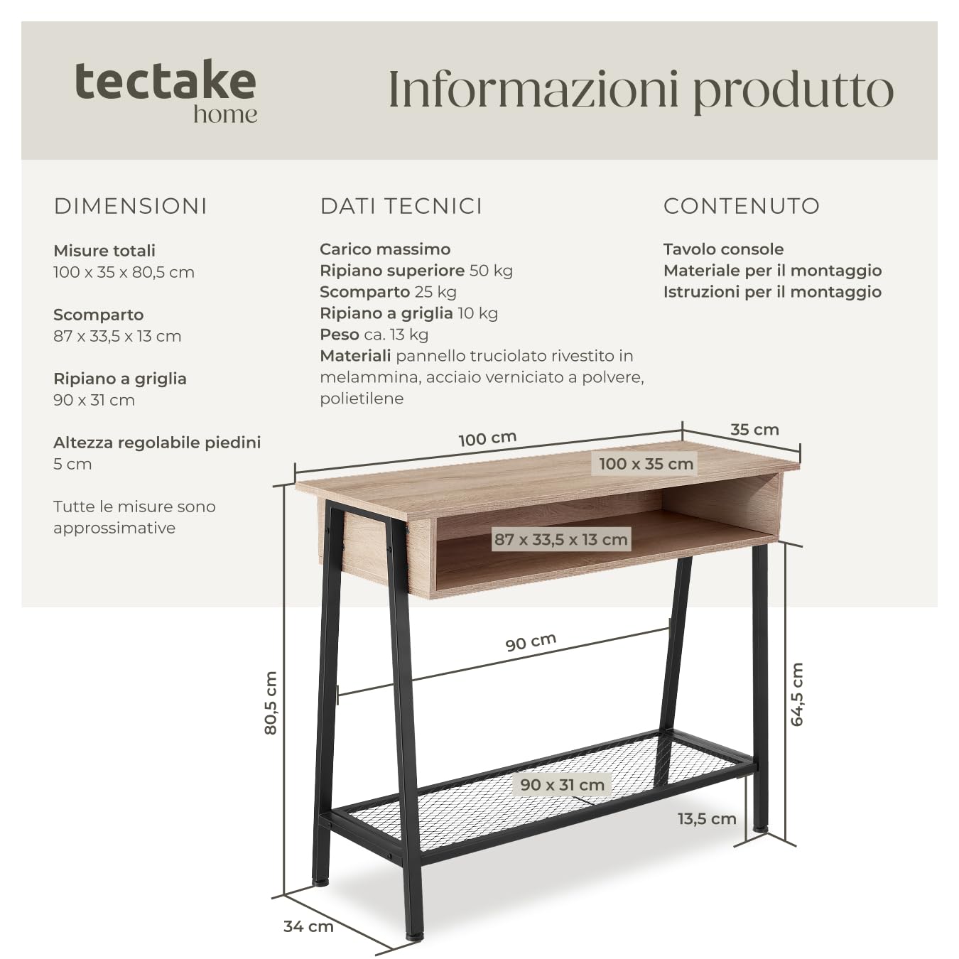 tectake® Tavolo Console, Struttura in Acciaio, Piano in Legno, Ripiano in Reticolato, Piedi Regolabili, Mobile Ingresso, Stile Industriale, Design Moderno - Industriale Legno Chiaro, Rovere Sonoma