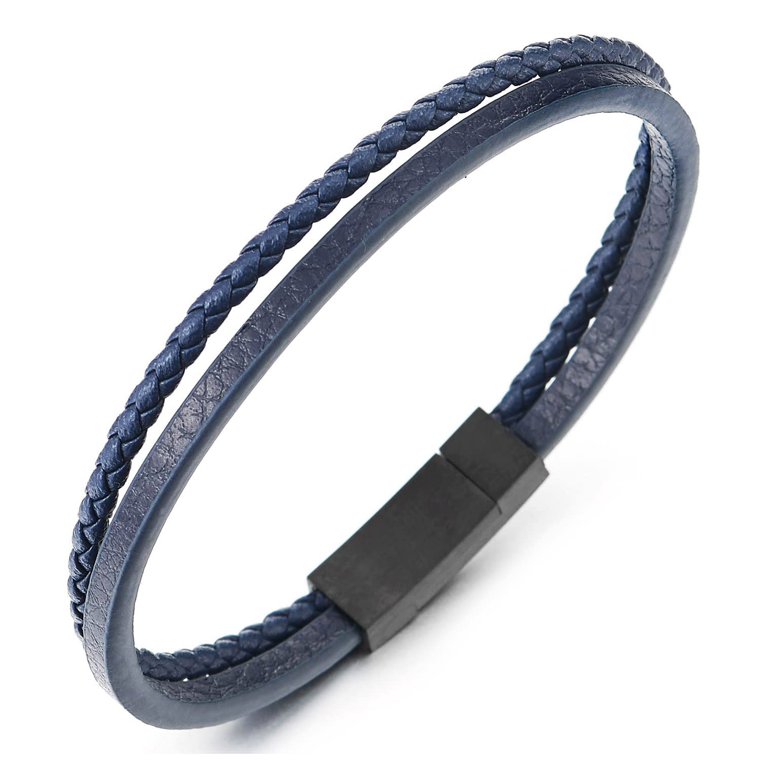 COOLSTEELANDBEYONDPulsera de Cuero Trenzado Azul Marino de Dos Hilos para Hombres y Mujeres con Cierre Magnético de Acero