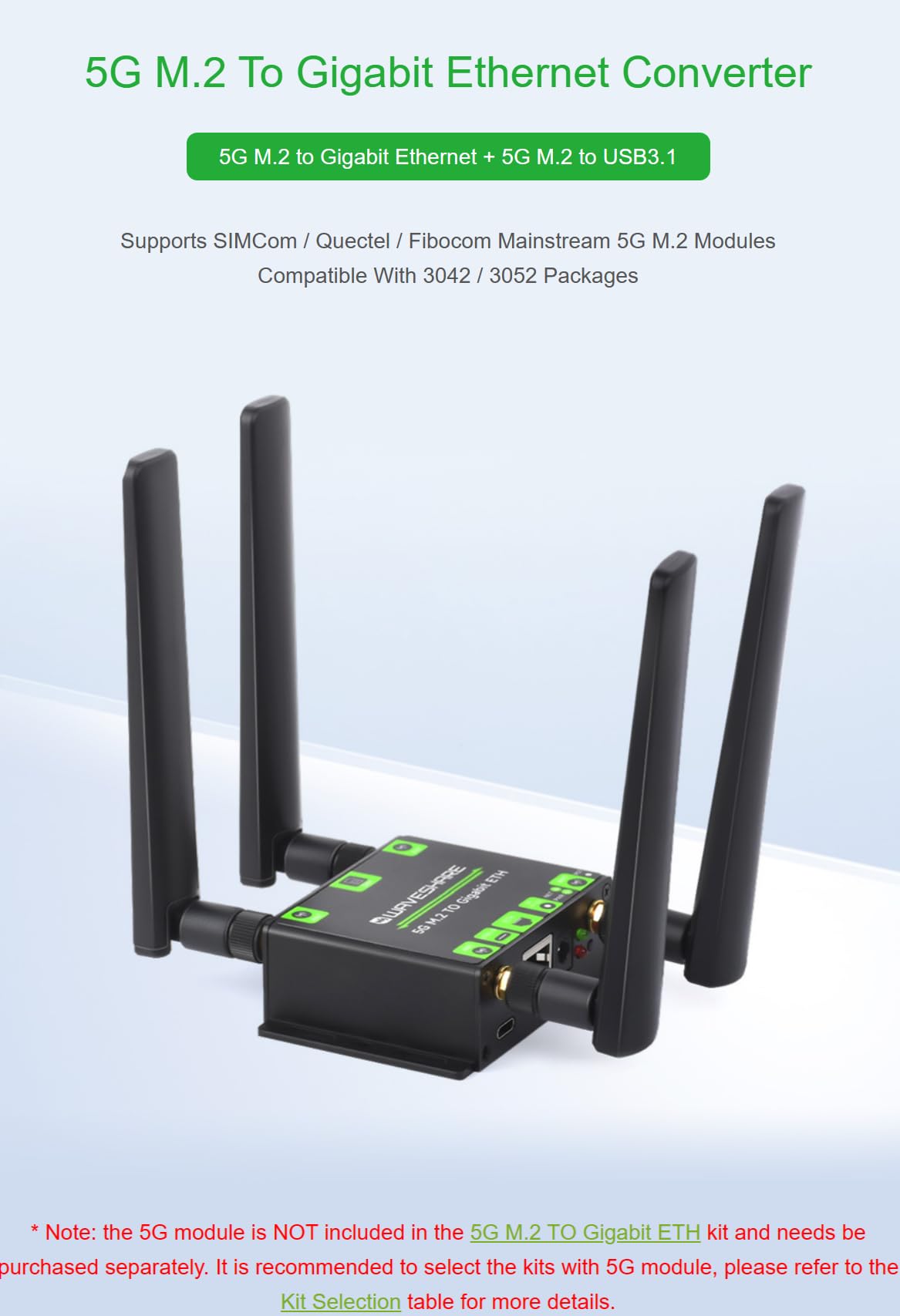 5G M.2 To Gigabit Ethernet Converter 5G M.2 To USB3.1 Aluminum Alloy Case Wall-Mount Support Quad Antennas Onboard M.2 Key B Interface USB3.1 Port Without 5G Module