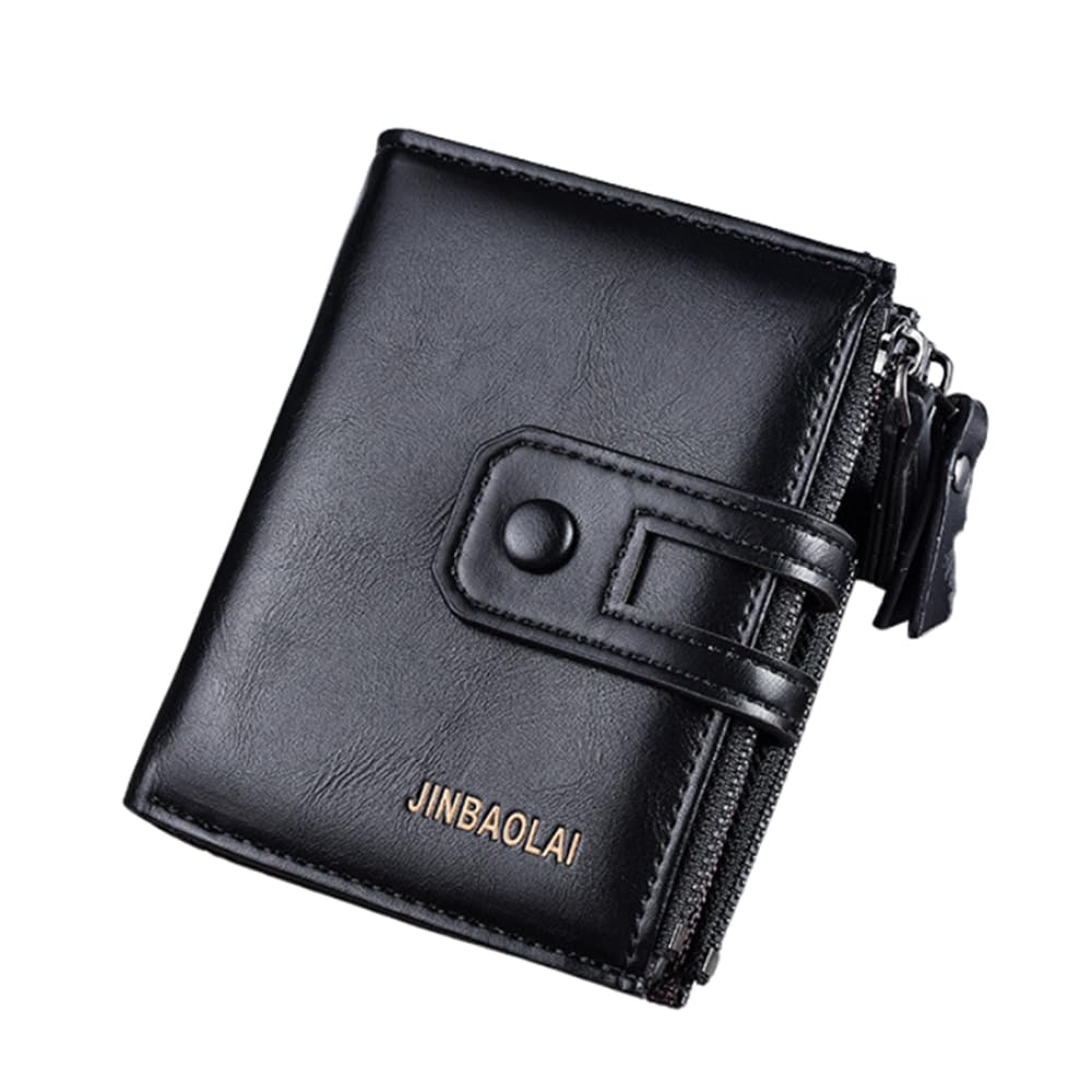 LiumrlteWallet for Men, Luxury Leather Foldable Mens Wallet RFID Blocking Credit Card Pocket Purse Double Zipper Pocket Short Wallet Men (Black)