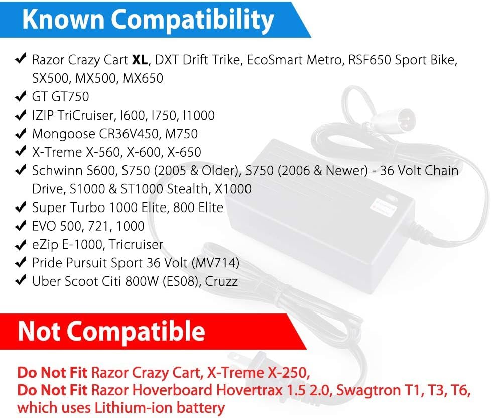 eeTao 3-Pin XLR 42V 1.5A AC/DC Adapter Charger Compatible with Razor MX500 MX650 GT GT750 IZIP I600 I750 I1000 Mongoose M750 X-Treme X-600 Schwinn S600 S1000 ST1000 36V 1.5A Battery Power Supply