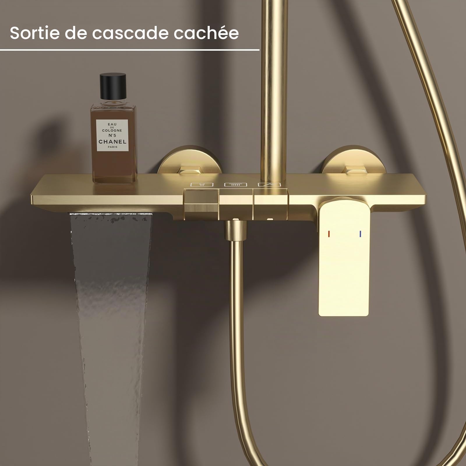 Or Brossé Colonne de Douche avec Mitigeur Monocommande, Hauteur Réglable Ensemble de Douche avec 4 Jets Douchette Système de Douche 32.5cm Pommeau de Douche, Bec Cascade