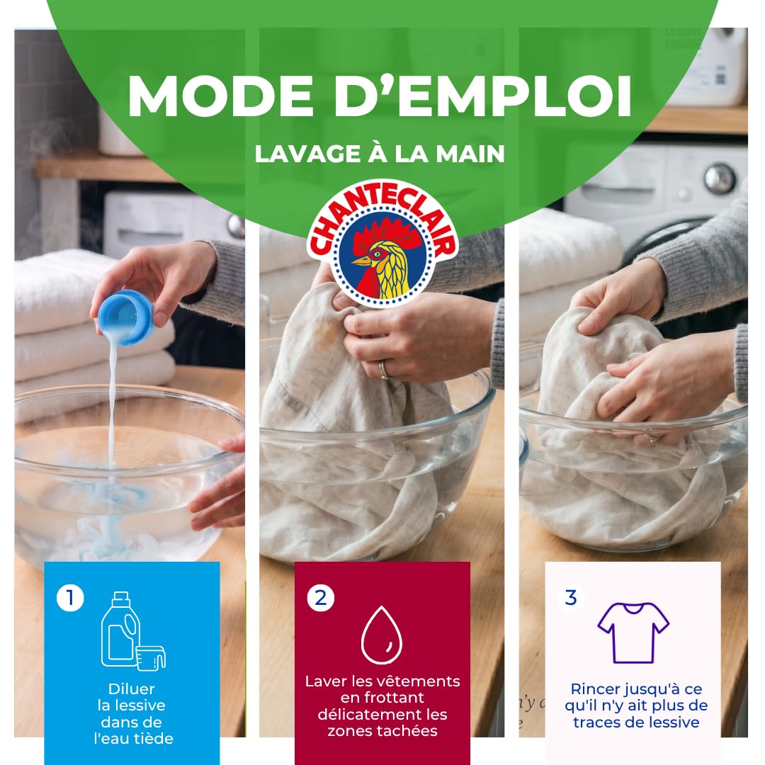 Chanteclair - Lessive Liquide Concentrées Musc Blanc, Enrichie au Dégraissant, Ultra Détachantes et Efficaces aussi à Froid, 40 lavages - 8x 1800 ml