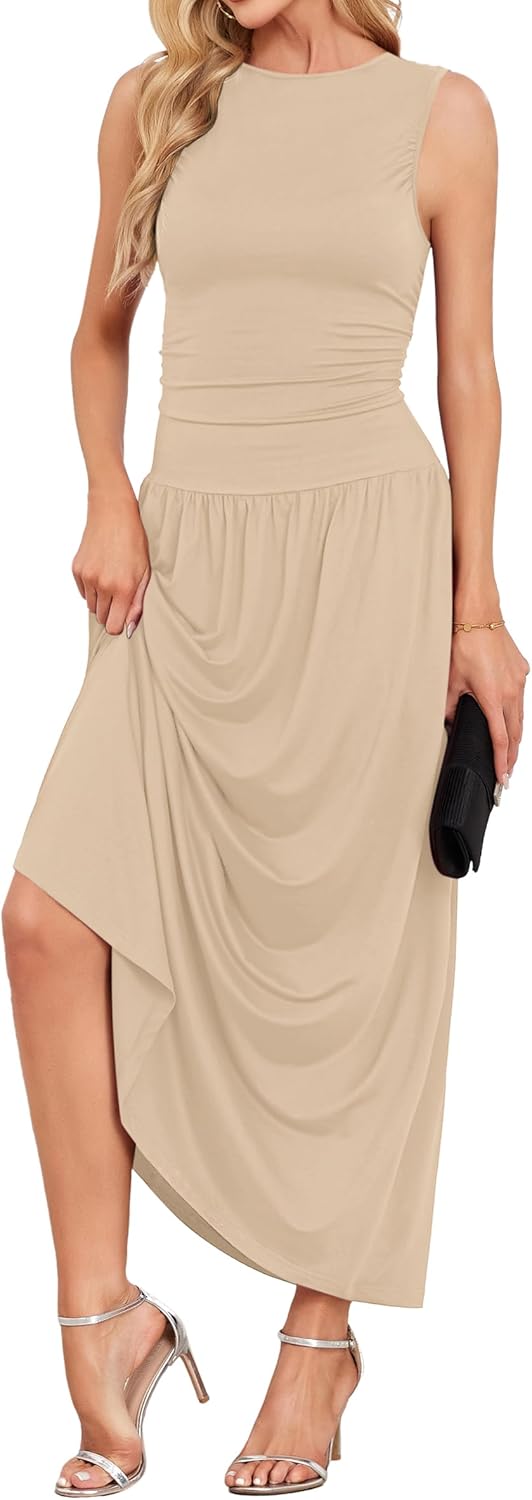 AUSELILY Womens Maxi Dress 2025 Summer Sleeveless Casual Slim Flowy Pleated Long Dresses with Pockets - Image 4