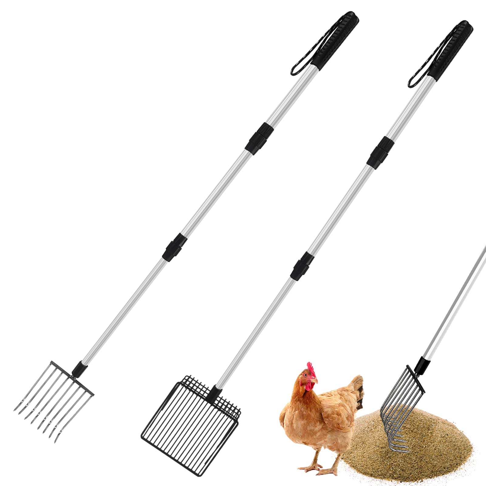 succulentlovers 2 Pack Chicken Poop Scooper & Chicken Coop Rake - Retractable Chicken Scoop 3 In 1 Sifting Shovel Detachable Chicken Coop Cleaning Tools for Chicken Coop Cleaning Supplies