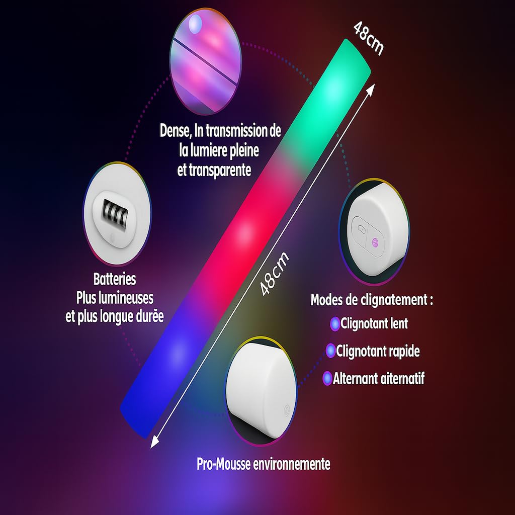 zenda club Set di 40 bastoncini luminosi a LED, 48 cm, colore arancione, in schiuma di alta qualità, 3 modalità (fissa/clap/flash) – ideale per feste, concerti, matrimoni, compleanni – Durata 8 ore