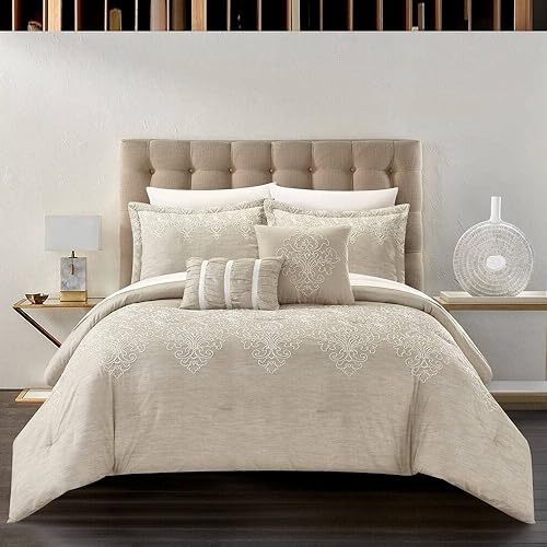 Lujoso edredón beige de 5 piezas tamaño King Moderno y contemporáneo de tela jaspeada de primera calidad con estampado de damasco, único, fresco,