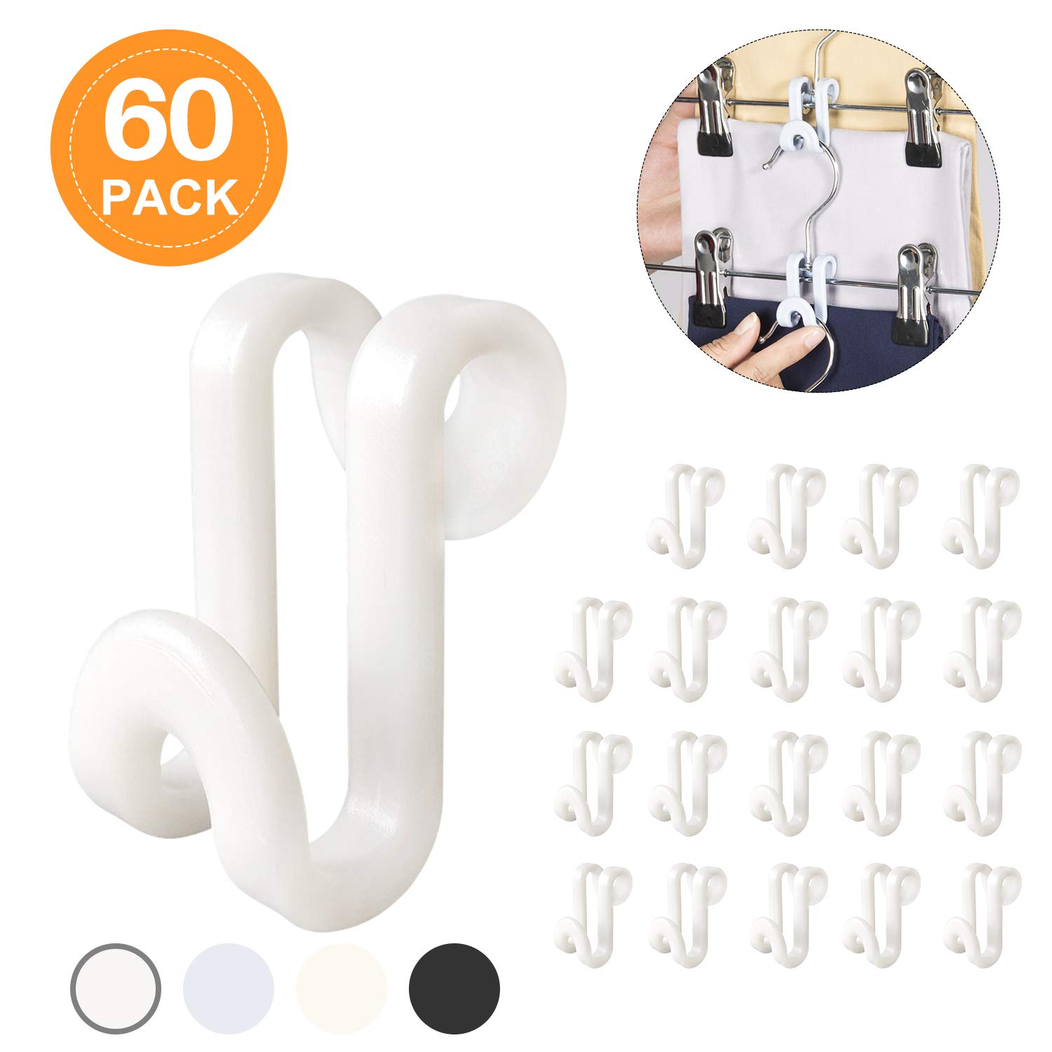 Clothes Hanger Connector Hooks, Outfit Hangers, Hanger Extender Clips, Cascading Hanger Hooks, Velvet Huggable Hangers Accessory, Heavy Duty Space Saving for Closet 60 Pack (White)