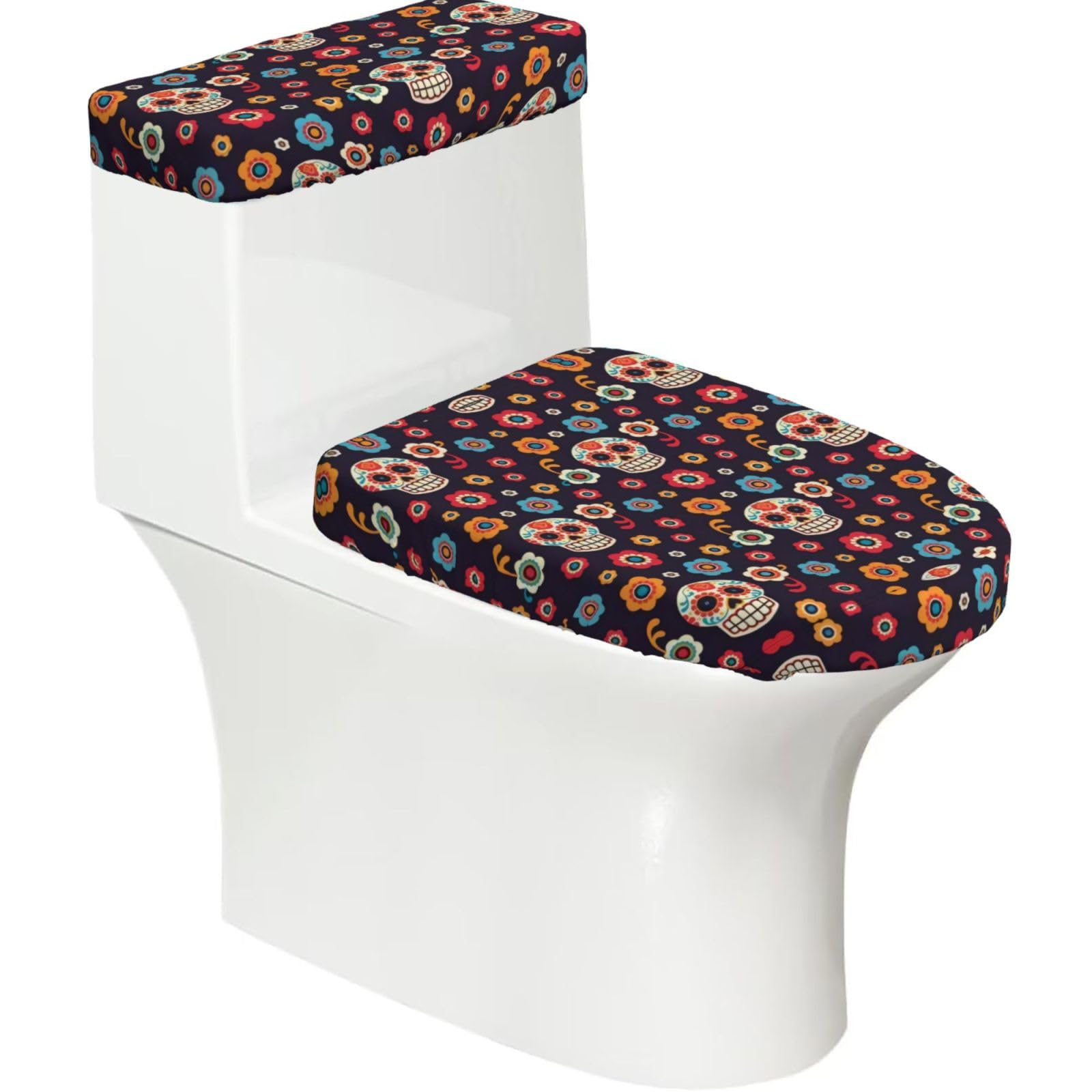 Sugar Skulls 2-Piece Toilet Seat Cover Set with Tank Lid - Elastic for U-Shape & Elongated - Bathroom Decor