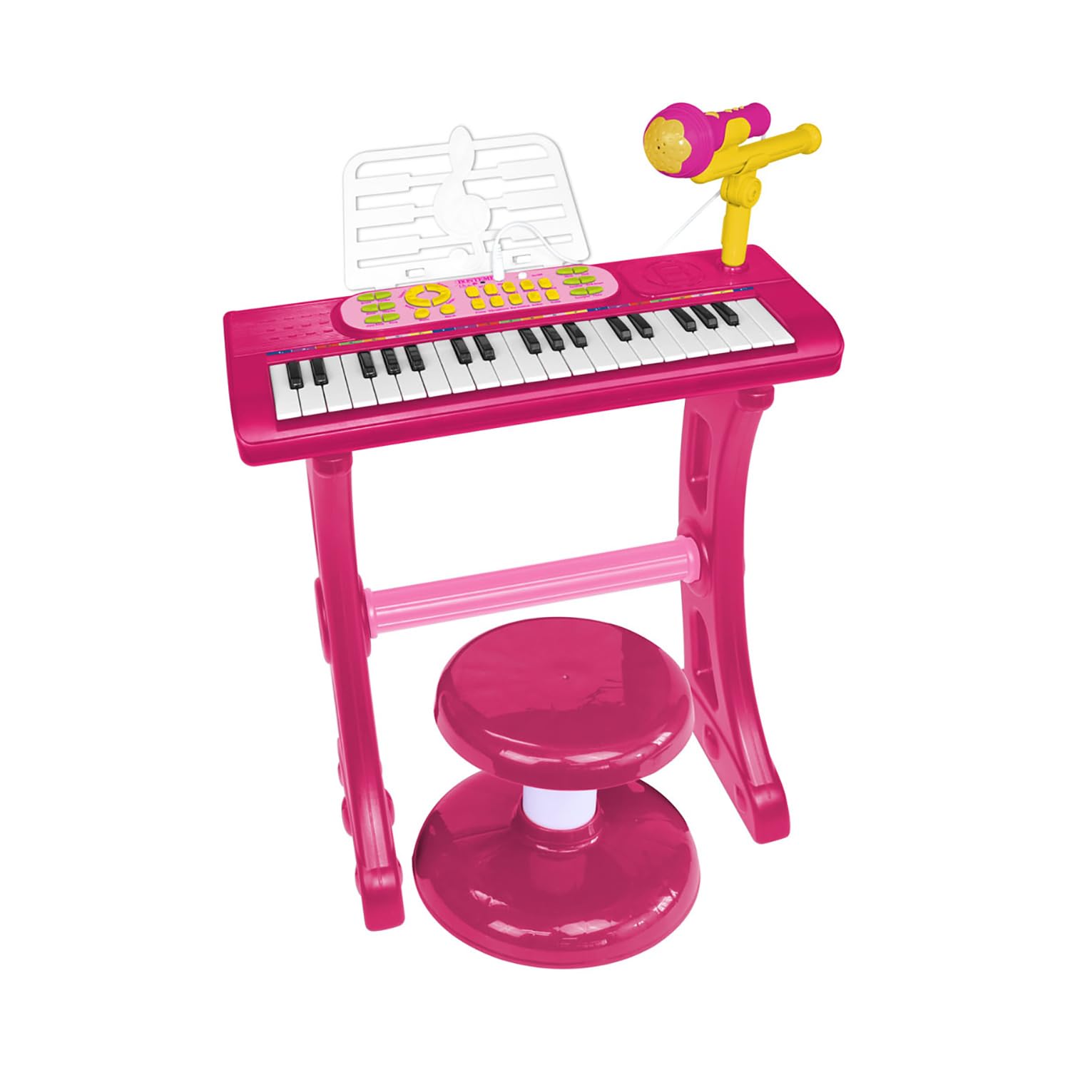 Bontempi | MiniKeyFun - 37 klawiszy, zabawkowa klawiatura dla małych muzyków, z mikrofonem, stołkiem i podstawką, różowa, 54,4 x 32,9 x 15,9 cm