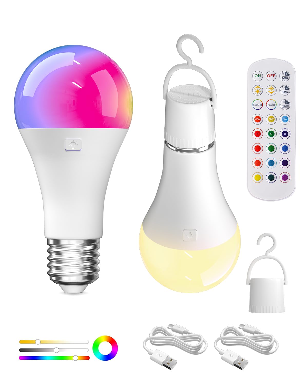 Lamptobe USB Rechargeable Light Bulb with Remote Control, RGB Color Changing Bulb, 12+3 Color Temperature, E27 LED Dimmable Battery Powered Bulbs, Touch Control Bulbs with Timing Function, 2-Pack