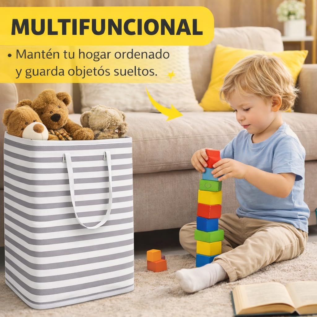 Cesto Ropa Sucia 75L Plegable, Cesta Ropa Sucia Grande con Estructura Metálica y Asas Laterales, 60x30x40 cm, para Baño y Dormitorio (GRIS RAYAS)