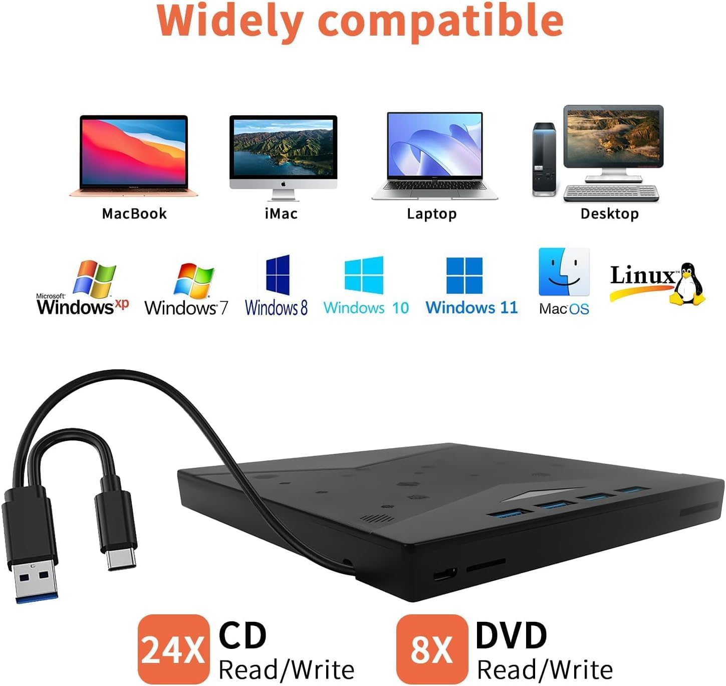 QUMOX Masterizzatore Esterno CD/DVD USB 3.0 con Hub 8-in-1, 4 Porte USB, Lettori Schede SD/TF, Ultra Sottile per PC/Mac/Linux, RGB