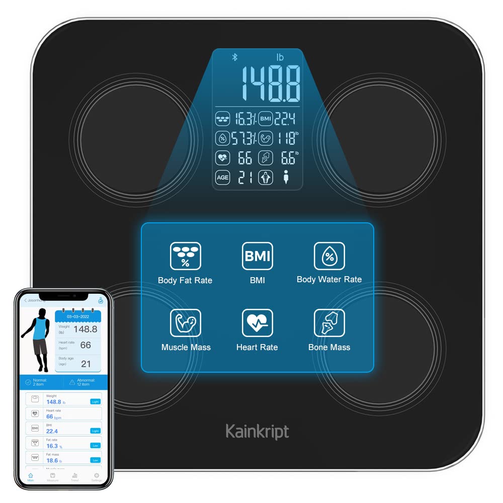 Kainkript scale for body weight: body fat scale BMI scale bathroom scale for heart rate water muscle accurate large LCD body composition scale APP analyzer fat measurement device 400lb bluetooth scale