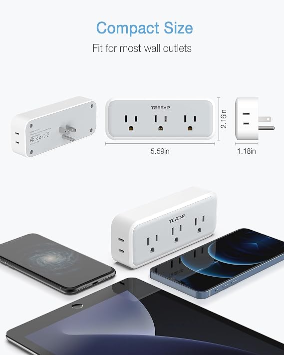 TESSAN Multi Plug Outlet Extender, Multi Plug Mini Wall Expander, Grey