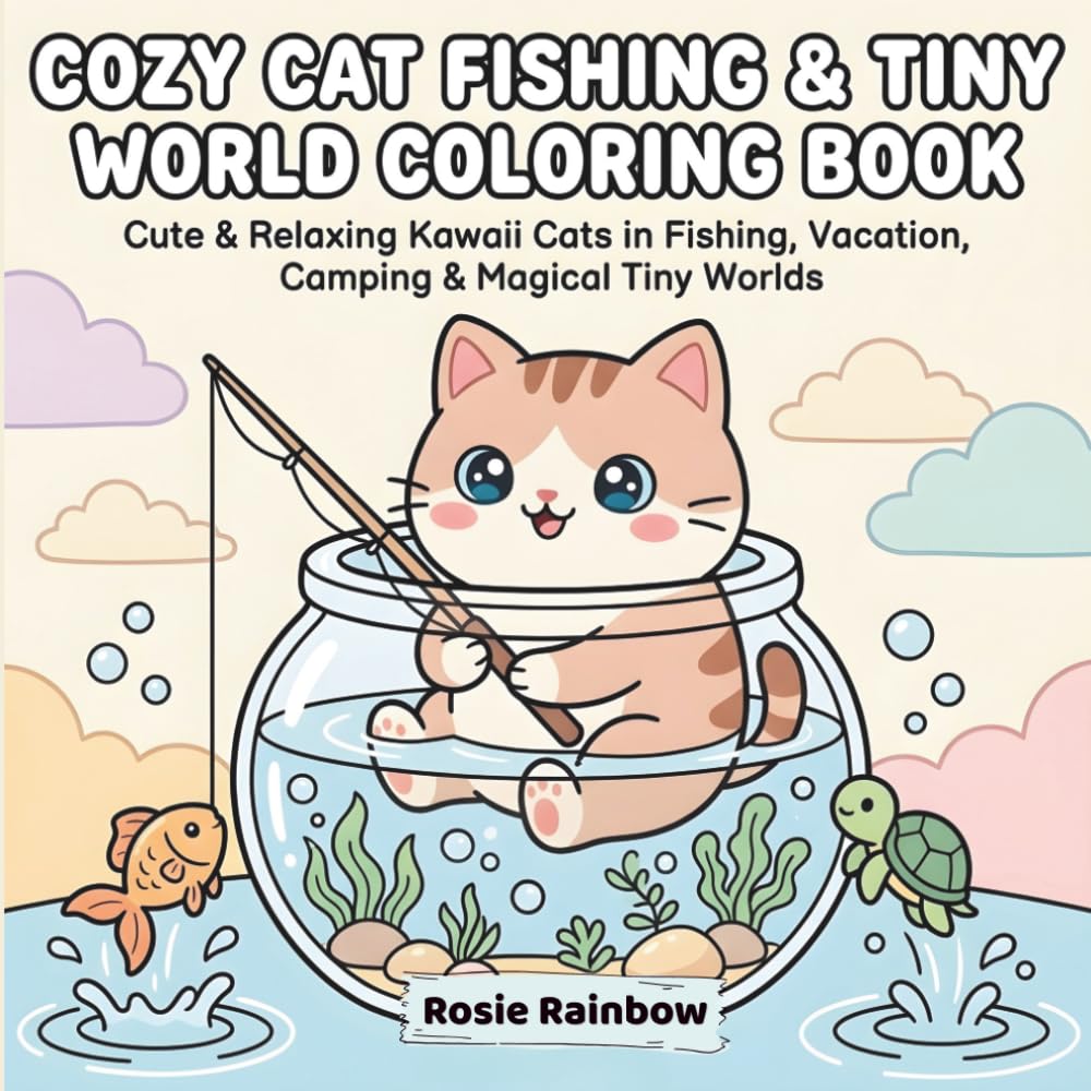 Cozy Cat Fishing & Tiny World Coloring: Cute & Relaxing Kawaii Cats in Fishing, Vacation, Camping & Magical Tiny Worlds | Bold & Easy Stress Relief Coloring Book for Adults & Teens