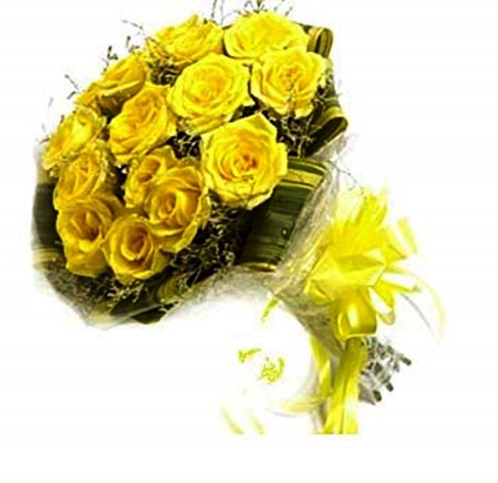 Fresh Flower Bouquet of 15 Yellow Roses in Cellophane Wrapping-image-42