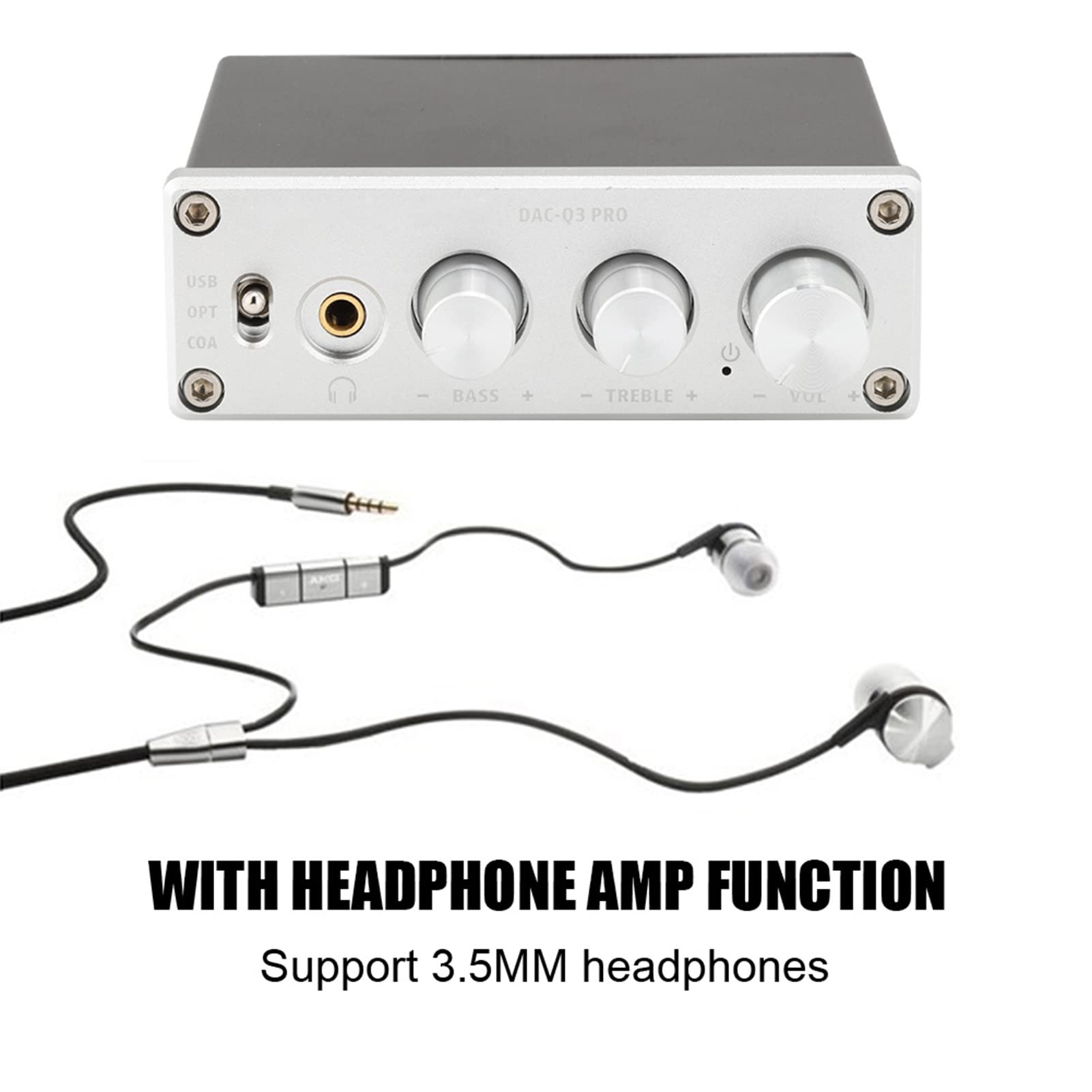 AC Q3 PRO Dekoder DAC ze Wzmacniaczem Słuchawkowym do Słuchawek 3.5MM-lepsza wydajność, Ulepszony Dźwięk Cyfrowy, Regulacja Wysokiego i Niskiego Dźwięku (SILVER)