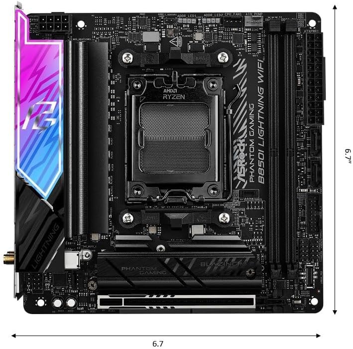 ASRock AMD B850i Lightning WiFi 6E Socket AM5 Ryzen 9000/8000/7000 Series DDR5 8200+ (OC) MHz 128GB Mini ITX Motherboard M.2 SATA3 6.0 Gb/s PCIe 5.0 B850 BIOS Flashback - 2