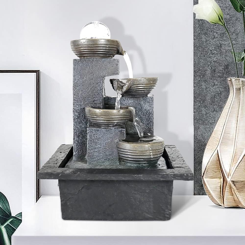 Xpiyaer Indoor Cascading Tabletop Water Fountain with LED Light and Crystal Ball - 11.8-inch High 4-Tier Zen Waterfall Fountain for Home Office and End Table Decoration (11.8" high, Grey) : Home & Kitchen