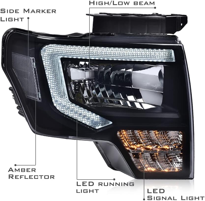 DOTCOM LED DRL Headlight Assembly, Compatible with Ford F150 2009-2014 Headlamps FO2503289 FO2502289 Driver Side & Passenger Side,Smoky lens Black Housing Clear Reflector
