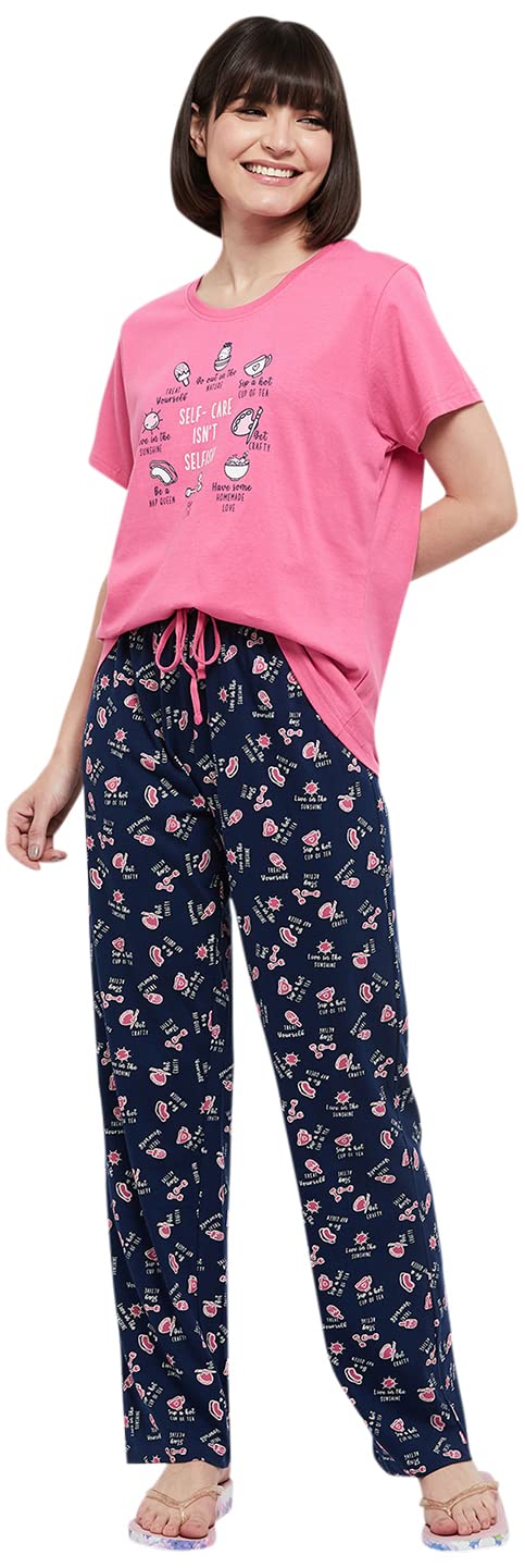 Women Nylon Printed T-Shirt with Drawstring Waist Relaxed Pajamas-image-27