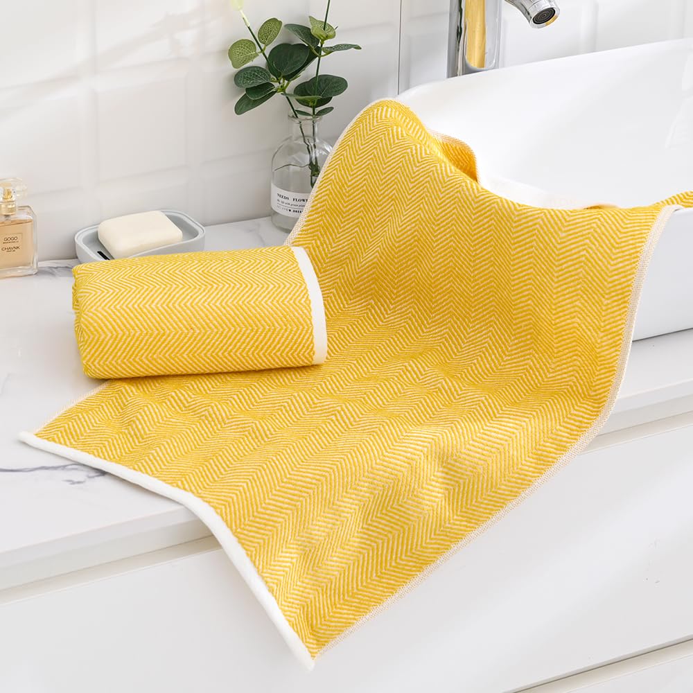 sense gnosis Jacquard Striped Yellow Hand Towels Set of 2 Super Soft 100% Cotton Absorbent White Terry Bath Hand Towels for Bathroom Decorative Gym Camping - Image 3