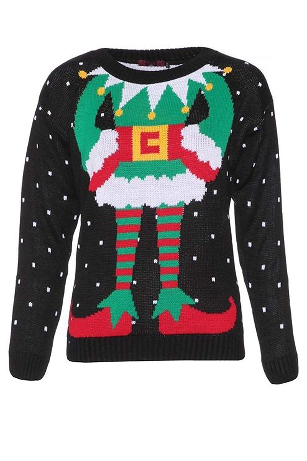 Girlzwalk Women's Black Elf Body Snow Printed Design Novelty Christmas Knitted Jumper Sweater (, Xxxl (24-26))