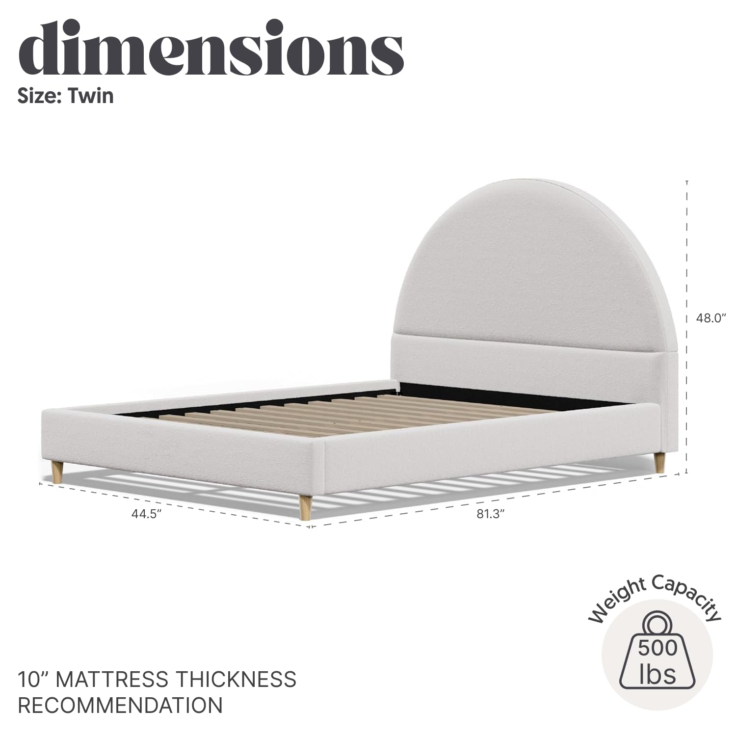 DG Casa Boucle Cloud Bed Frame with Arch Shaped Headboard, Upholstered in Soft Fabric, Platform Bed Frame with Solid Wood Legs - Boho or Modern Style - No Box Spring Needed - Twin Size