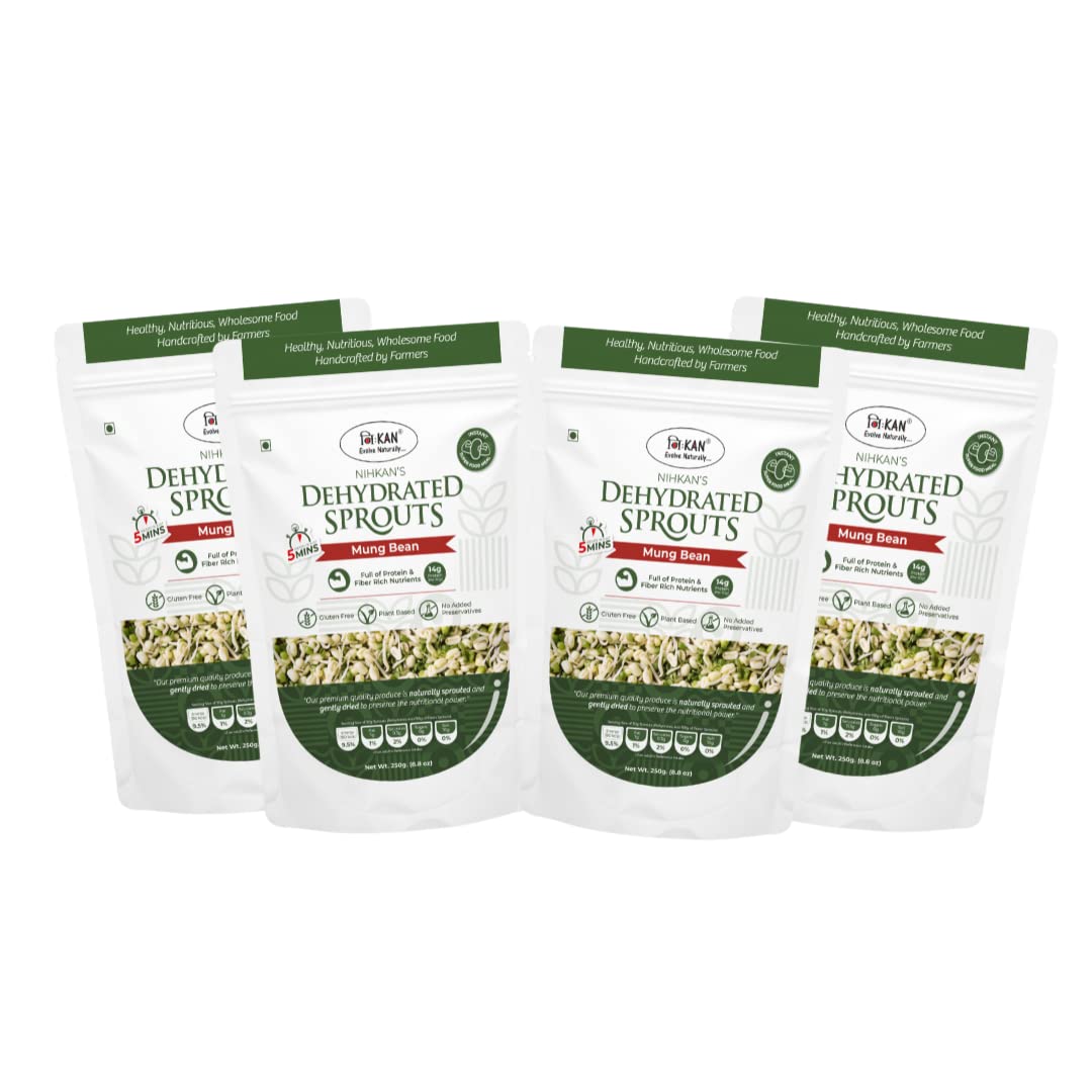 NIHKAN Dehydrated Sprouts - Mung Beans | High protein | Instant Ready to eat Sprouts - Super Food Meal | Gluten-Free, Vegan, Plant Based | 100% Natural - 200 g (Pack of 4))