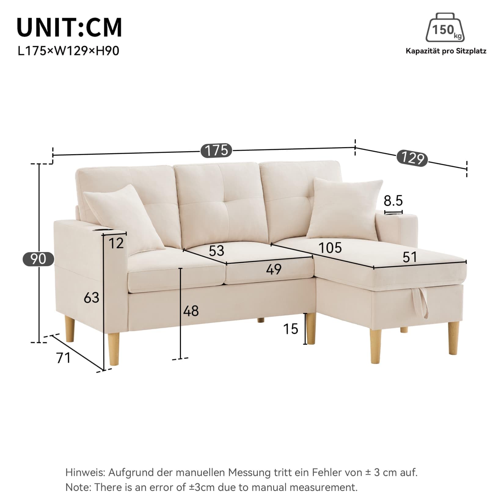 Canapé 3 Places 248x154x84cm - Avec Rangement - Avec USB - Avec Liseuse - Avec Porte-gobelet - Avec Repose-pieds - Beige | Leroy Merlin