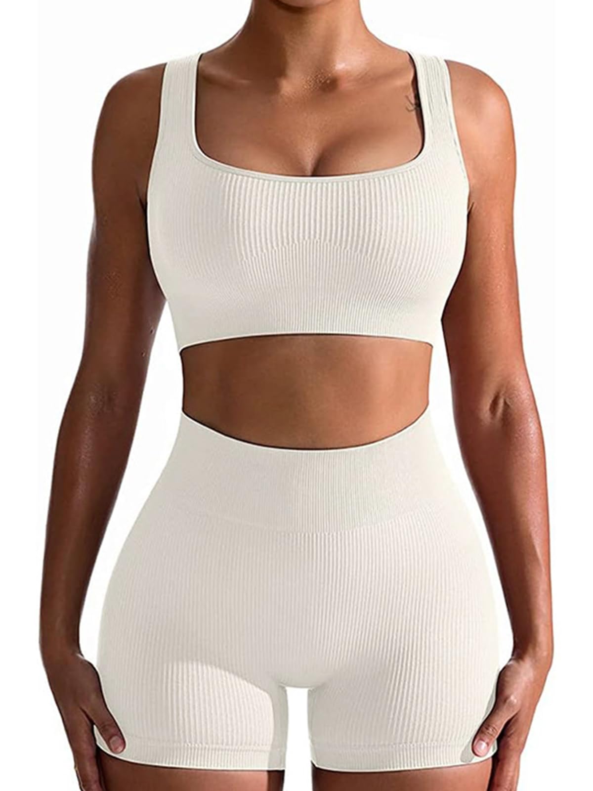 SHEKINI Ensemble de sport 2 pièces pour femme - Sans couture - Côtelé - Short taille haute - Legging avec soutien-gorge de sport - Ensemble complet pour la course à pied, le jogging, la gym, le yoga