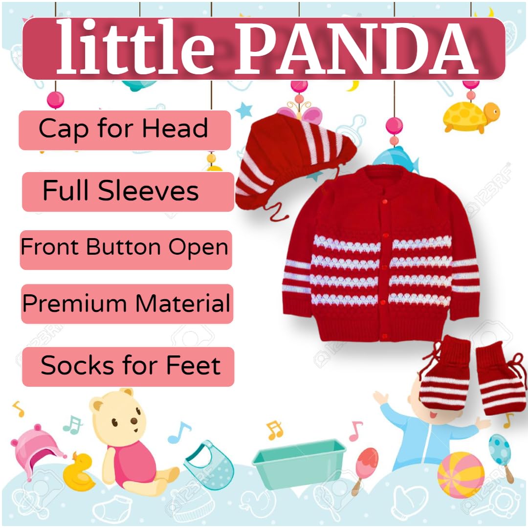 little PANDA Baby Sweater Baby Boy’s & Baby Girl’s Woolen Round Neck Long Sleeves Sweater, Cap & Booties Set Red - Image 2 thumbnail