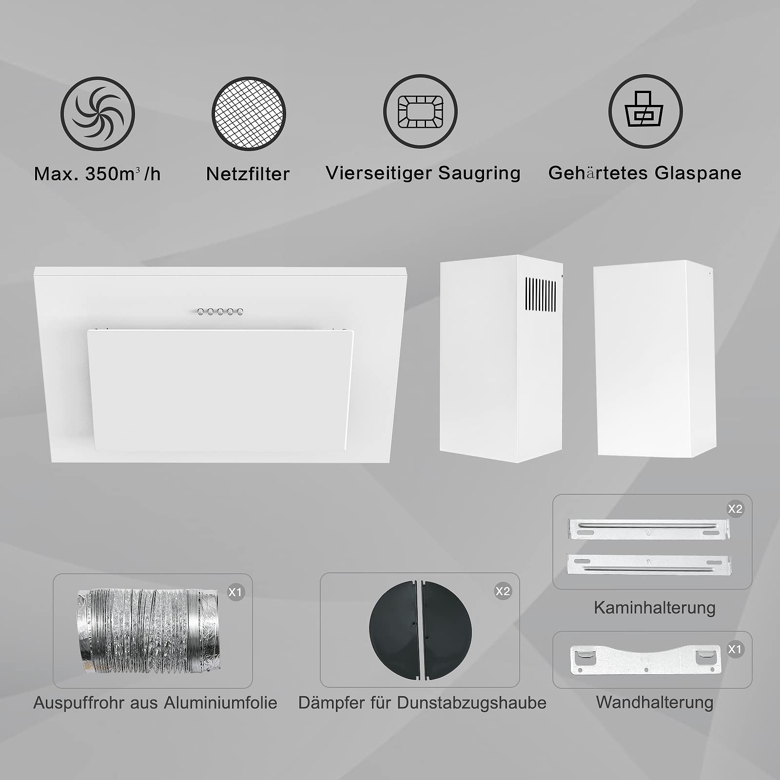 Okap kuchenny 60 cm, TopStrong okap 60 cm z funkcją obiegu powietrza/wyciągu z mocą ssącą 350 m³/h, Cicha podwieszana okapka 60 cm z diodami LED, w zestawie filtr węglowy aktywny, skośny okap ścienny