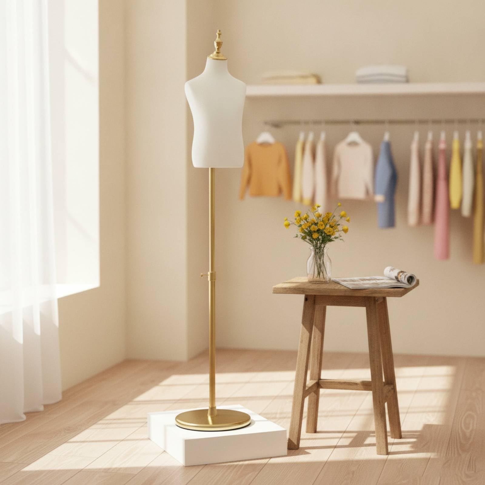 Schneiderpuppe stoffbezogen -Schaufensterpuppe höhenverstellbar Torso für Einzelhändler, Schaufenster, Verkaufsraum, Fotostudio , Goldbasis Goldkopfkappe , 8 Jahre