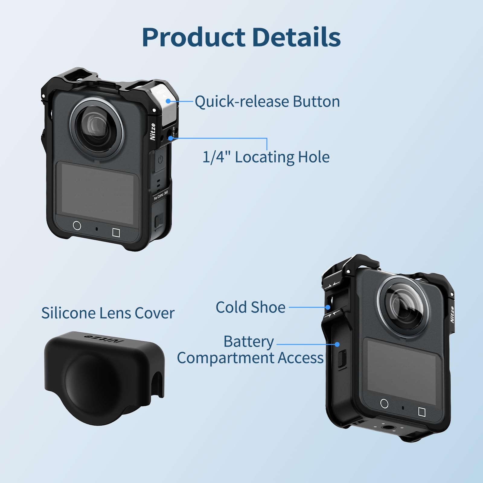Nitze Kamerakäfig für DJI Osmo 360, Metall Osmo 360 Cage mit Integriertem Blitzschuh, Silikon-Objektivdeckel – T-D06B