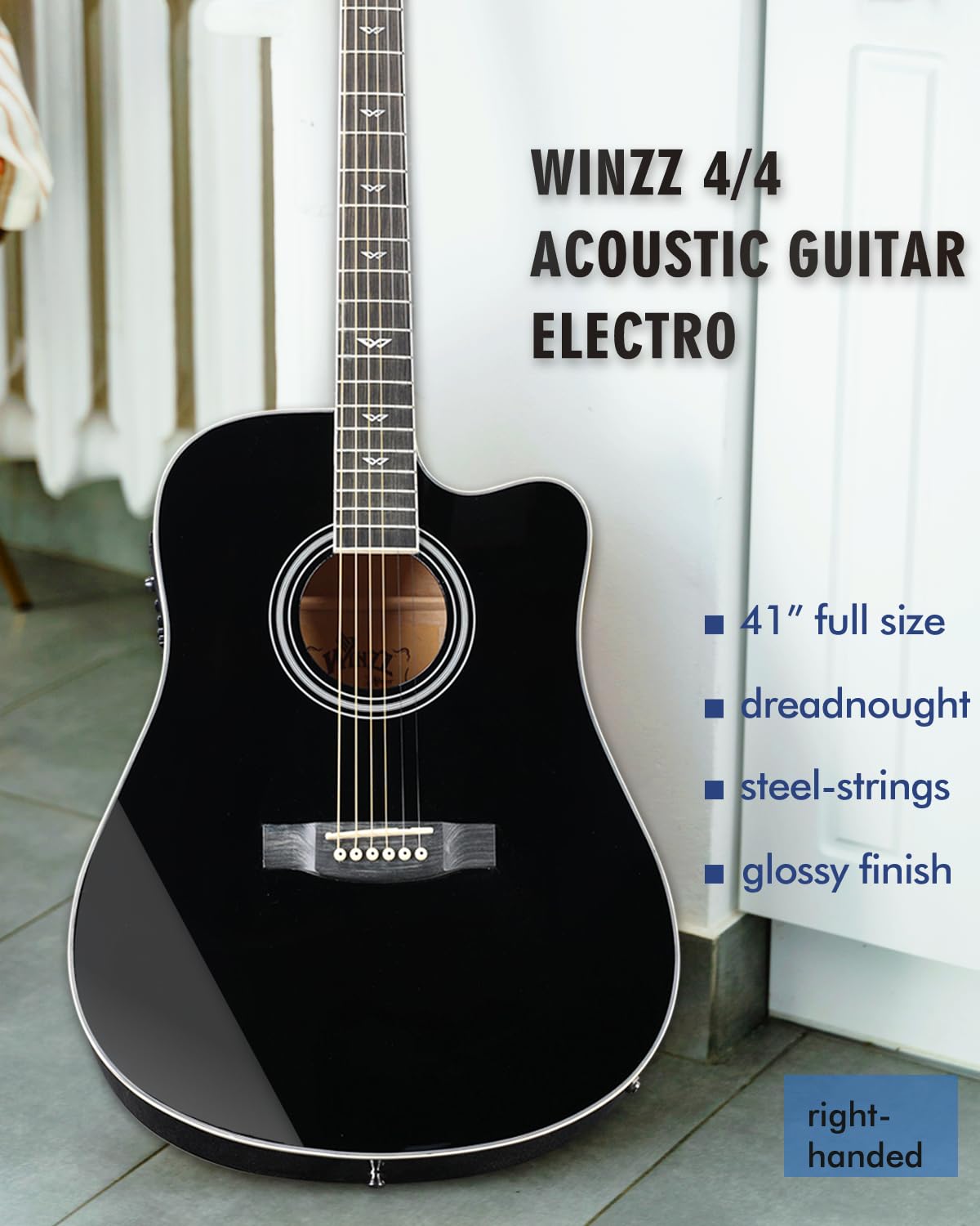Winzz Chitarra Elettroacustica 41 Pollici Dreadnought con Equalizzatore a 4 Bande, Nero