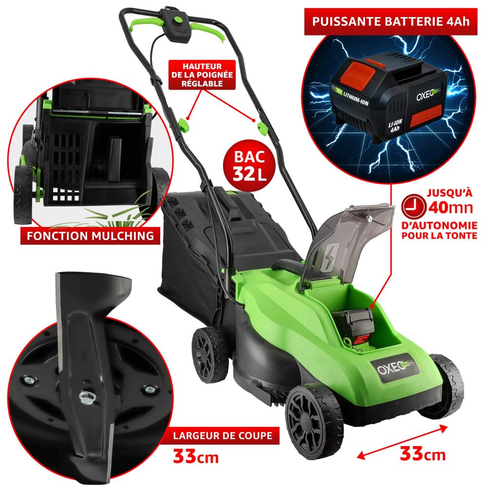 Tondeuse à gazon sans fil batterie 18V - Largeur 33cm - Hauteur coupe 25-65mm - Surface 280m² - Batterie grande capacité 4Ah