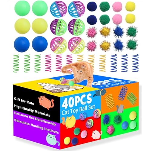 Cat Toys for Indoor Cats 40 PCS Kitten Toys Cat Interactive Toys Pack Including Cats Springs Sparkle Ball Pom Pom Ball Jingle Balls Tracks Balls
