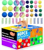 Flashine Cat Toys for Indoor Cats 40 PCS Kitten Toys Cat Interactive Toys Pack Including Cats Springs Sparkle Ball Pom Pom Ball Jingle Balls Tracks Balls