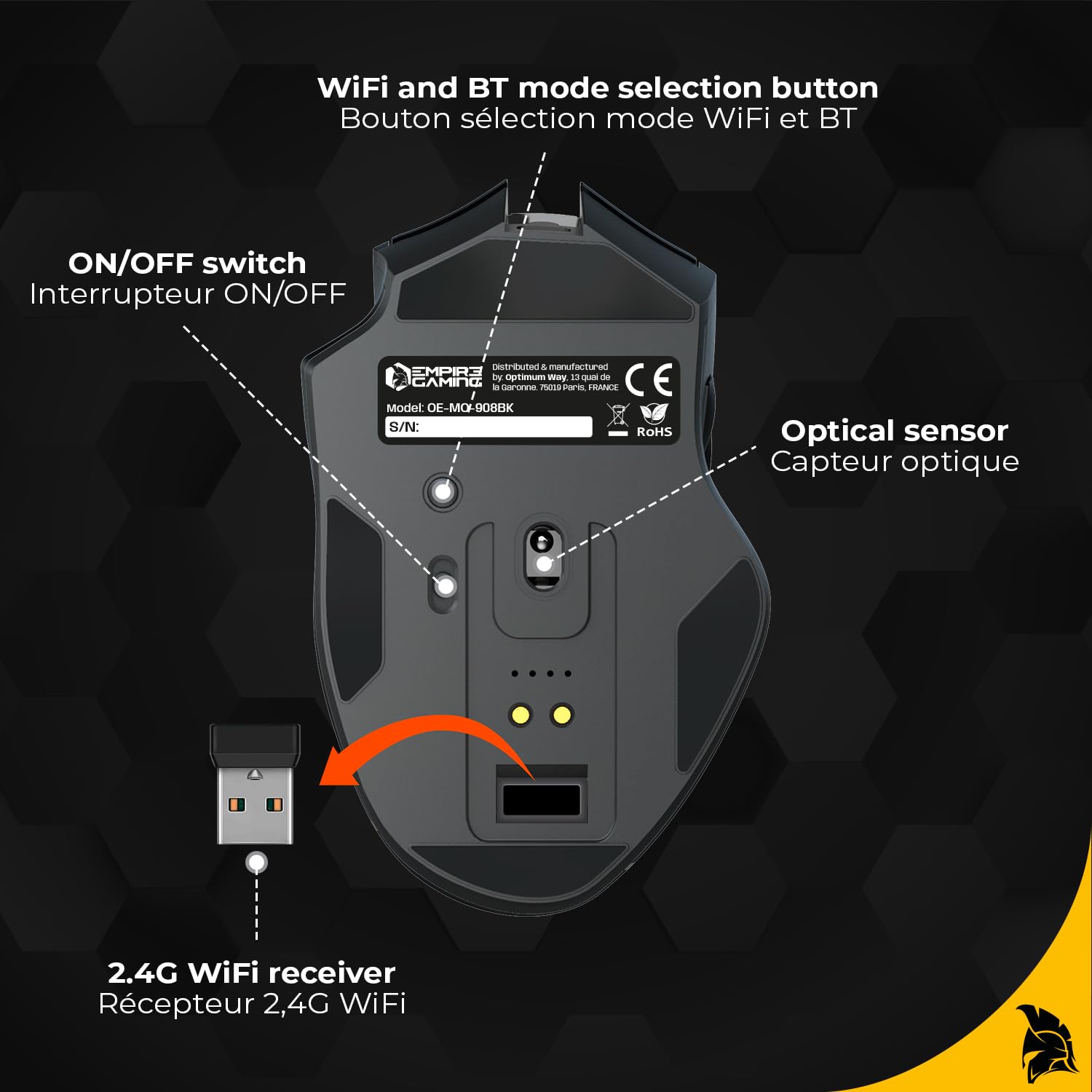 EMPIRE GAMING RF908 - Souris Gamers sans Fil Rechargeable avec Station de Recharge Magnétique RGB - 10000 DPI 8 Boutons Programmables Modes WiFi 2.4GHz / BT/Filaire Via USB-C (Noir)