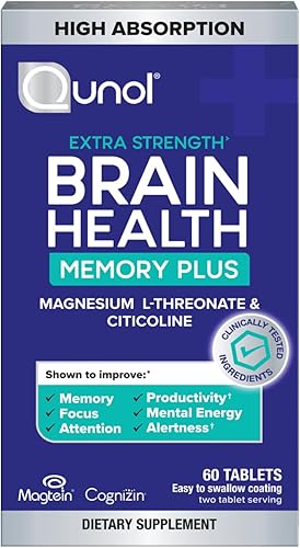 Qunol Brain Health Memory Plus, L-treonato de magnesio y citicolina, ingredientes clínicamente probados para mejorar la memoria, el enfoque, la
