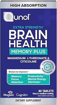 Qunol Brain Health Memory Plus, Magnesium L-Threonate & Citicoline, Clinically Tested Ingredients to Improve Memory, Focus, Attention and Productivity, 60 Count (Pack of 1)