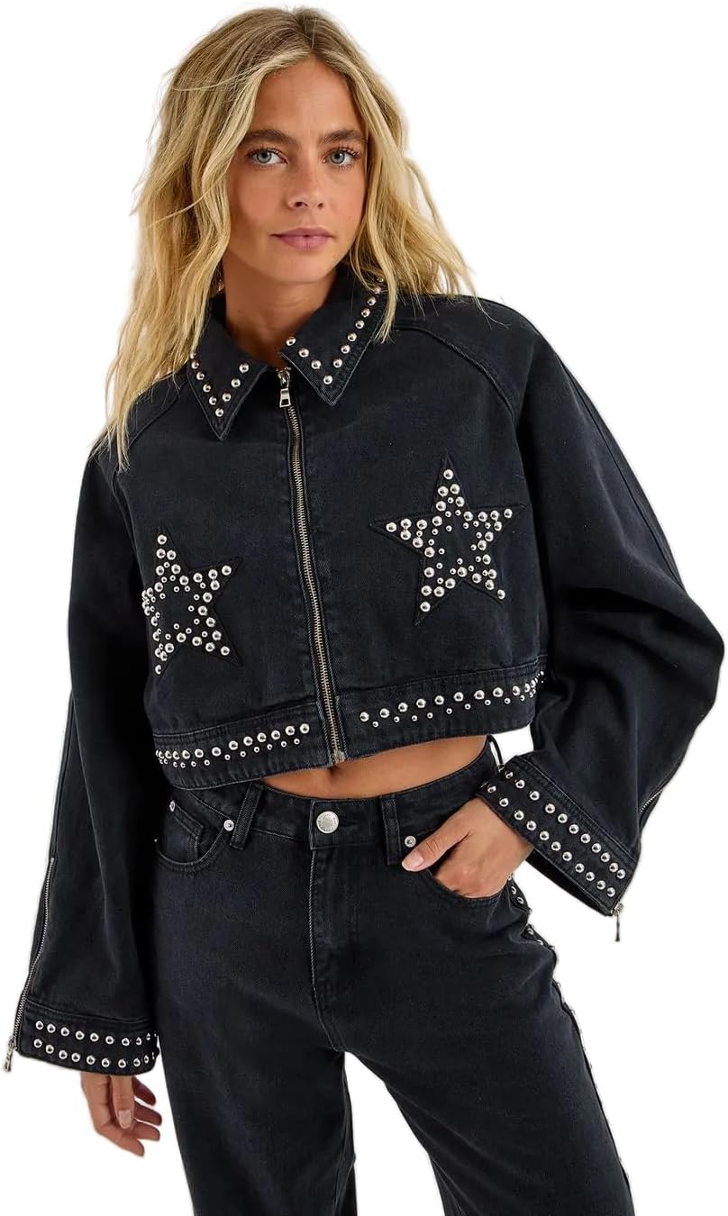 Nasty Gal Star Studded Denim Cropped Jacket