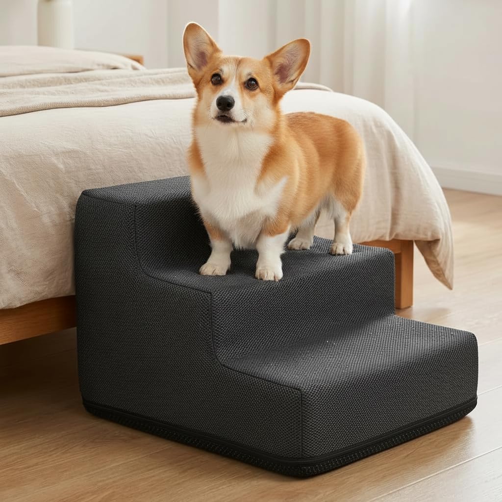 NIHUIFDPY Dog Steps for Bed 34x40x30cm, 3-Step High Density Foam Dog Stairs with Detachable Washable Cover & Non-Slip Bottom - Portable Pet Ladder for Small Dogs, Cats & Older Pets