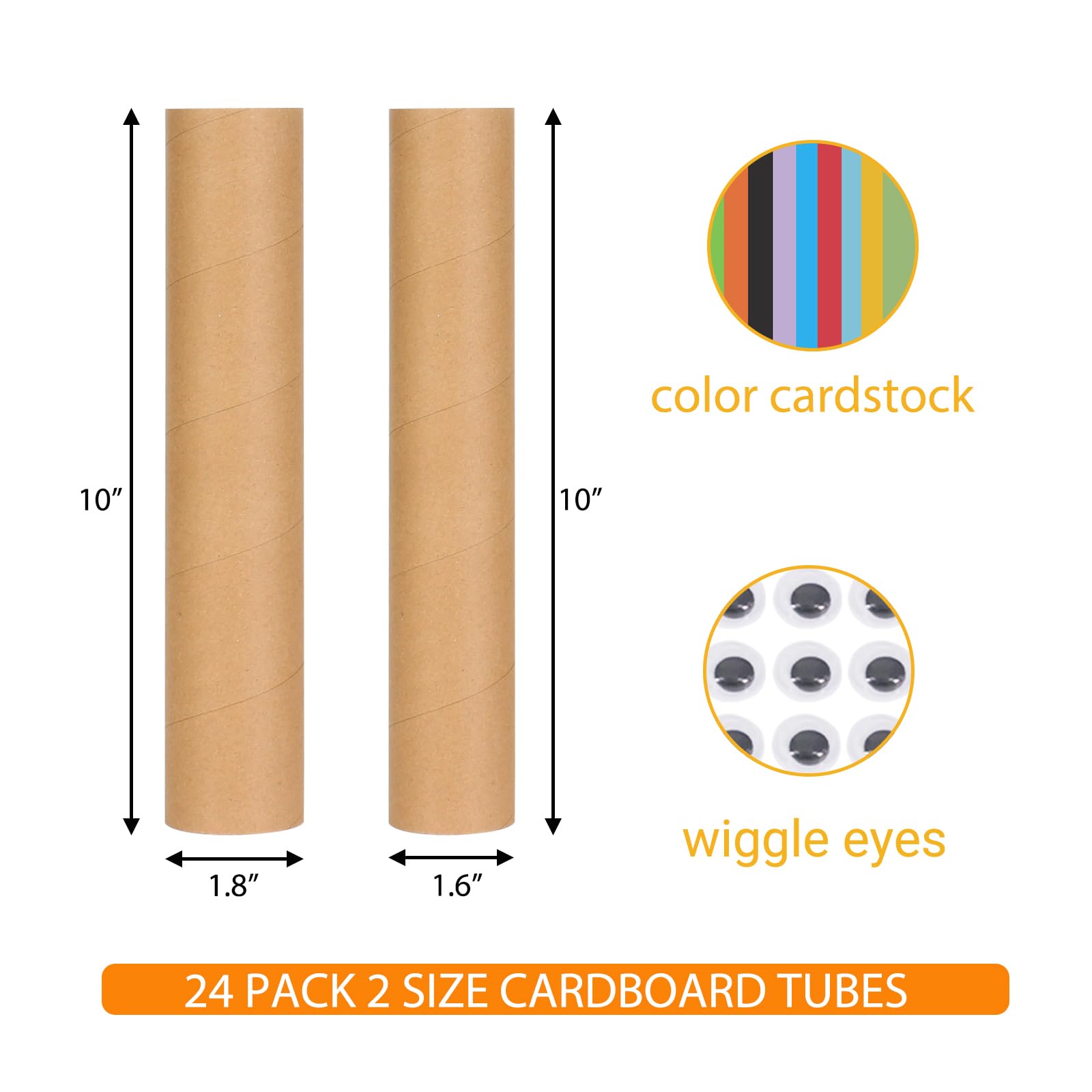 48 Stück Pappröhren in zwei Größen (4,1 x 25,4 cm, 4,6 x 25,4 cm), dicke Papierrollenröhren für Bastelarbeiten, Kunst, mit bunten Wackelaugen aus Karton (braun)