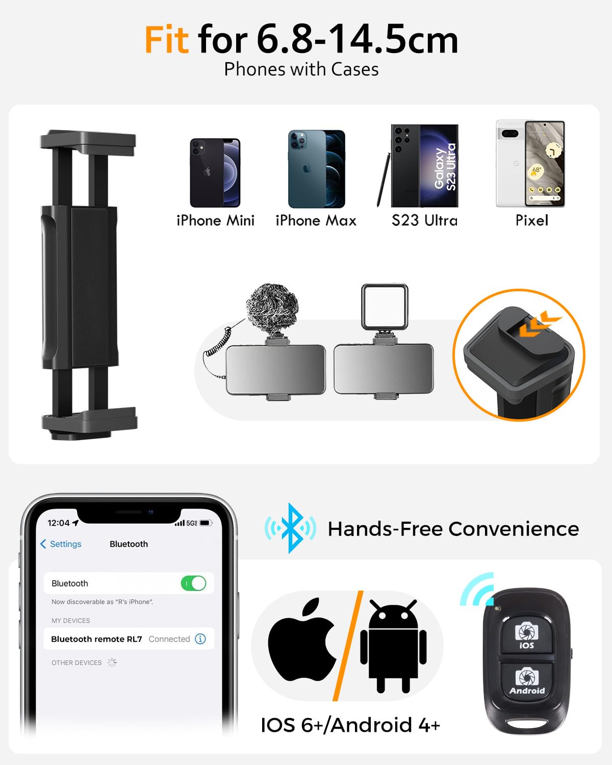 Aureday Supporto per cellulare da 88" per selfie con tubo flessibile da 14,95", telecomando Bluetooth e supporto per telefono cellulare, supporto per iPhone, telefoni Android e fotocamere