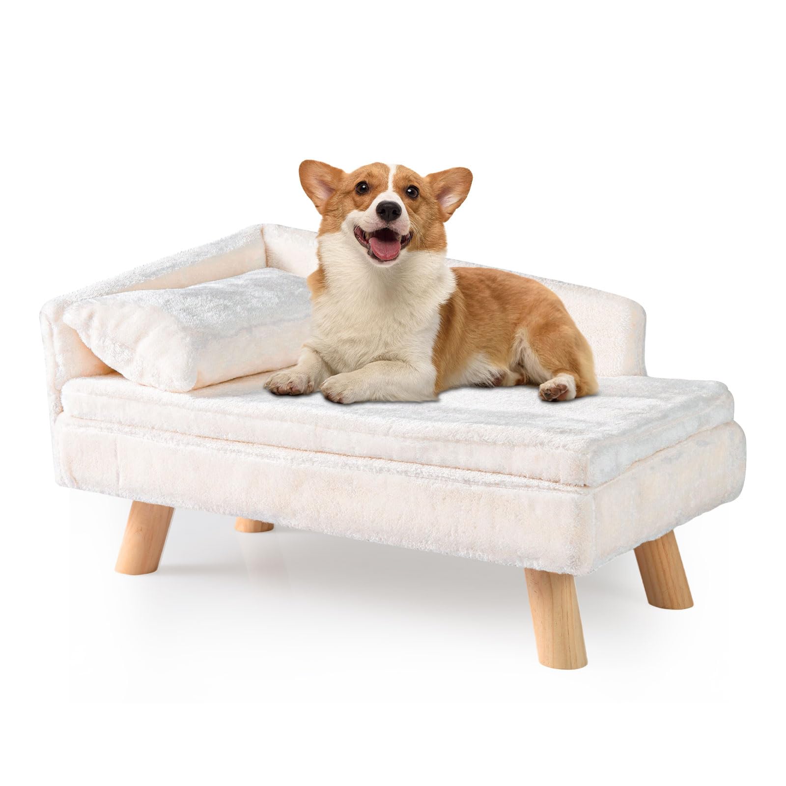 GYMAX Sofá para Gatos de Interior con Cojín Suave y Almohadilla de Asiento Cómoda, Cama Sofá para Perros con Respaldo Alto y Patas de Madera, Cama Resistente para Mascotas (Beige)