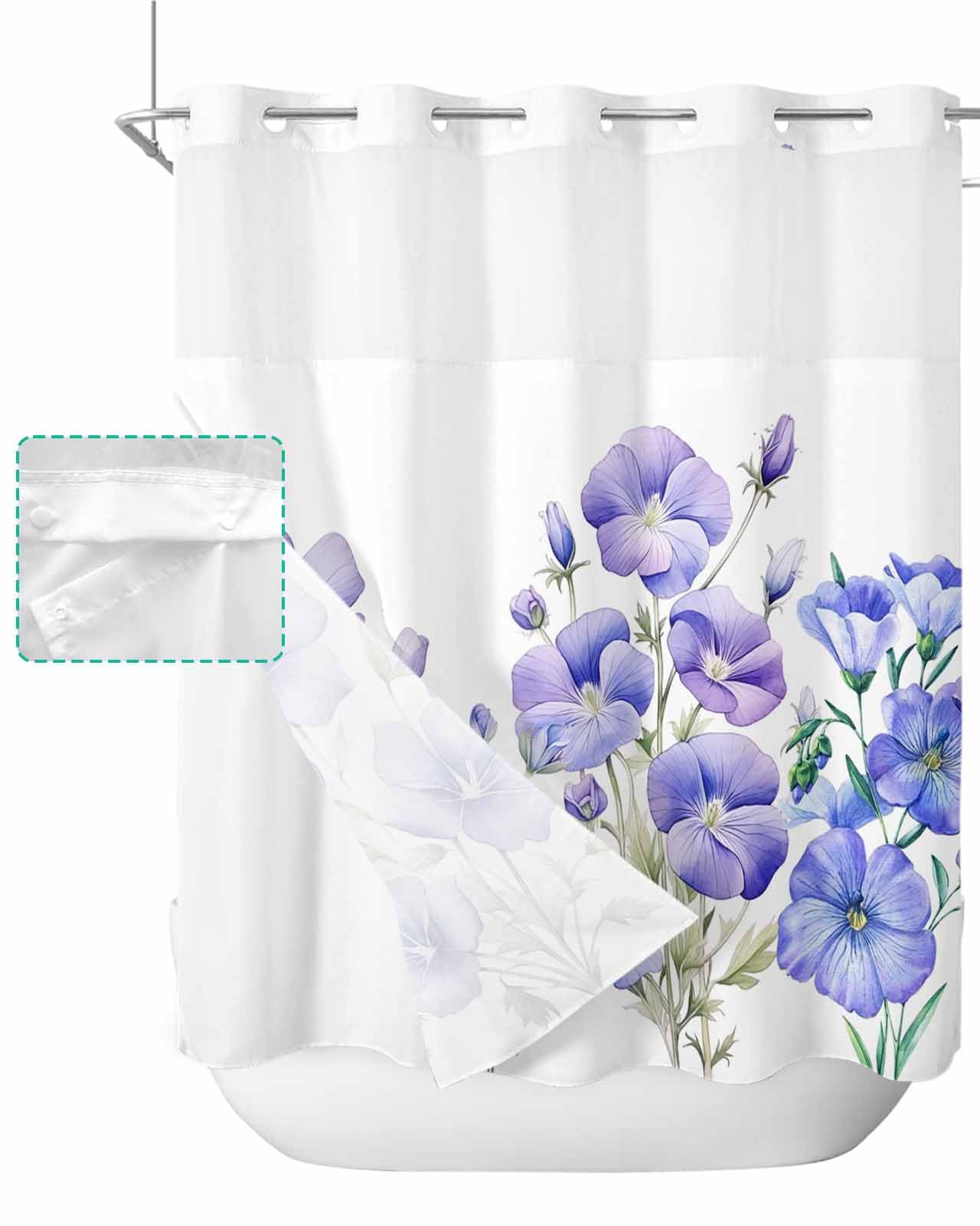 No Hook Shower Curtain with Snap in Liner Set Blue Morning Glory Flower Shower Curtains for Bathroom Waterproof Floral Branch Leaves Bath Curtain with